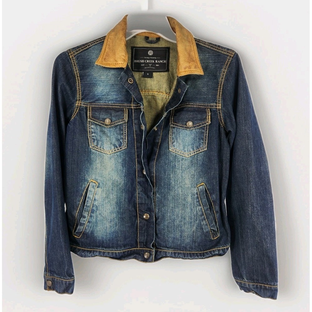 Brush Creek Ranch Distressed Denim Jacket Youth SM Western‎ Coat Leather Collar
